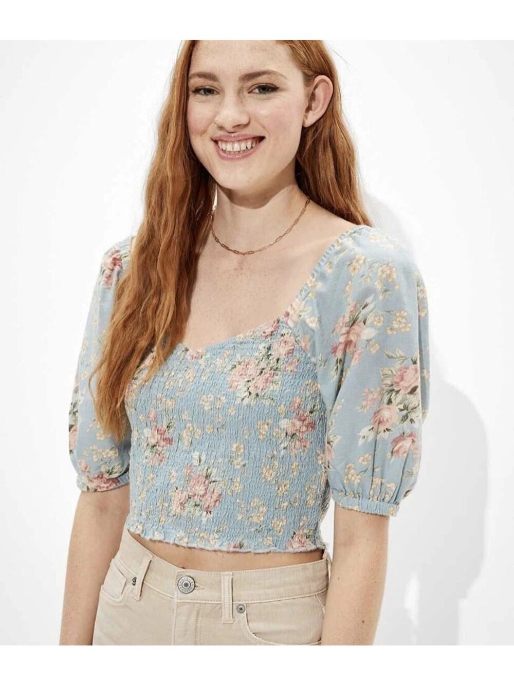 [American Eagle] Blue Floral Print Smocked Sweetheart Neck Puff Sleeve Top Sz XL